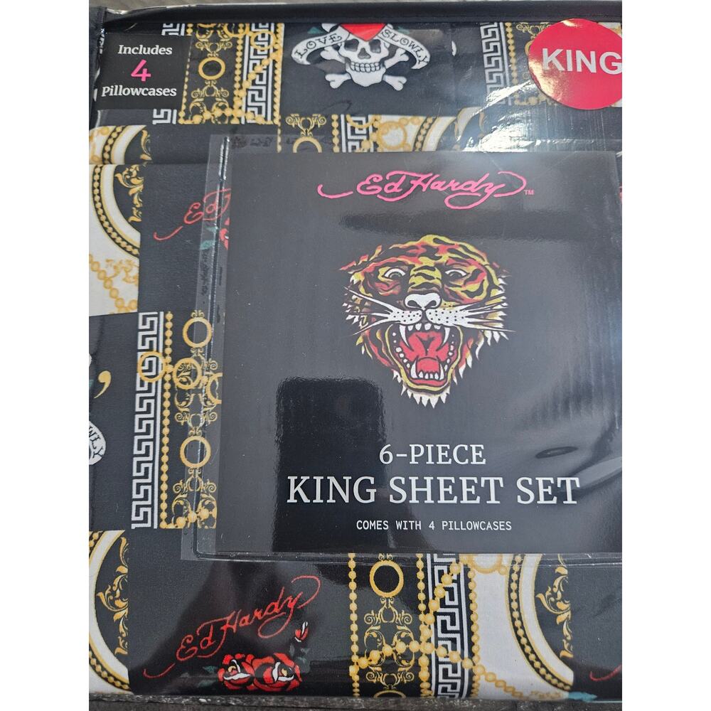 Ed Hardy 6 piece king sheet set love kills slow black gold skull heart white NIP